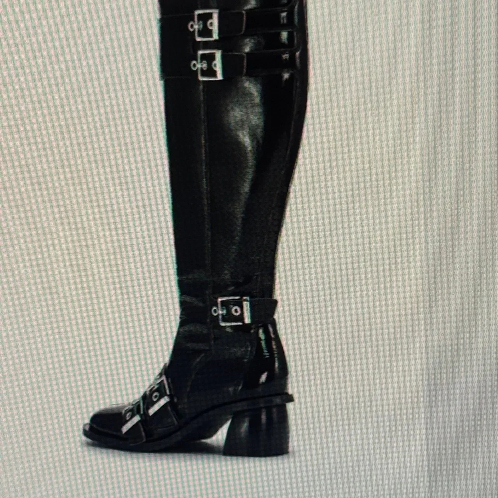 Ganni Black Patent Leather Knee-High Buckle Boots - Picture 3 of 15